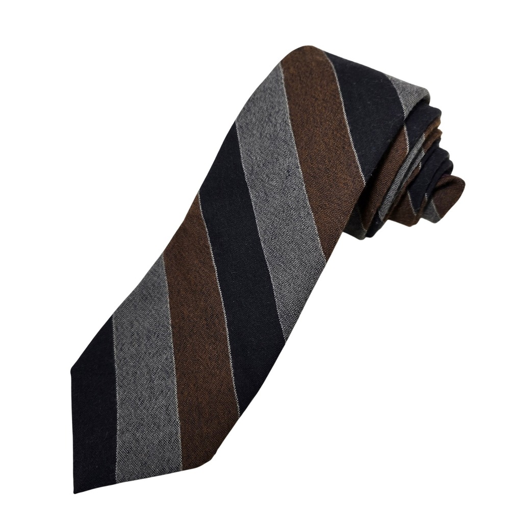 Vintage Briar Wool Necktie Brown Grey Striped Woven Scotland Tie Earthy 3"x54"